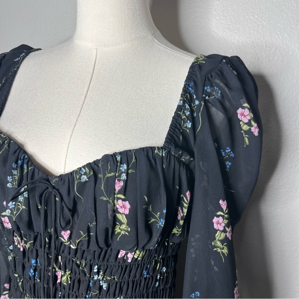 For Love & Lemons Black Floral Long Sleeve Smocked Dixon Mini Skirt - Picture 7 of 10